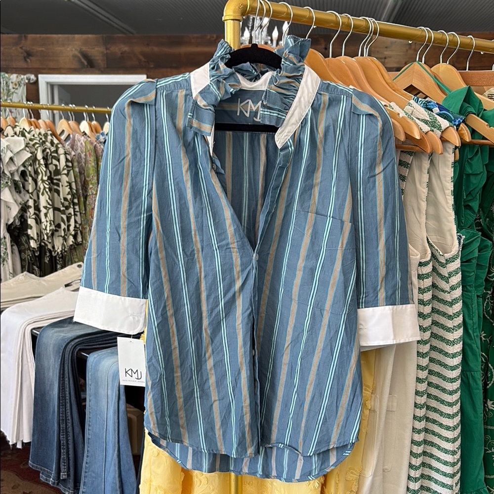Striped Blue Blouse with Ruffle Collar
